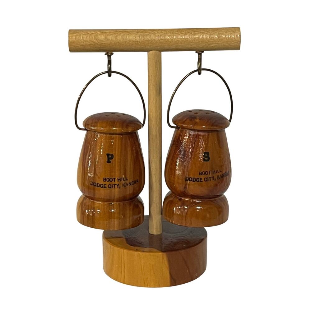 Boot Hill Dodge City KS Salt Pepper Shakers w/‎ Stand Western Cabin Souvenir Set
